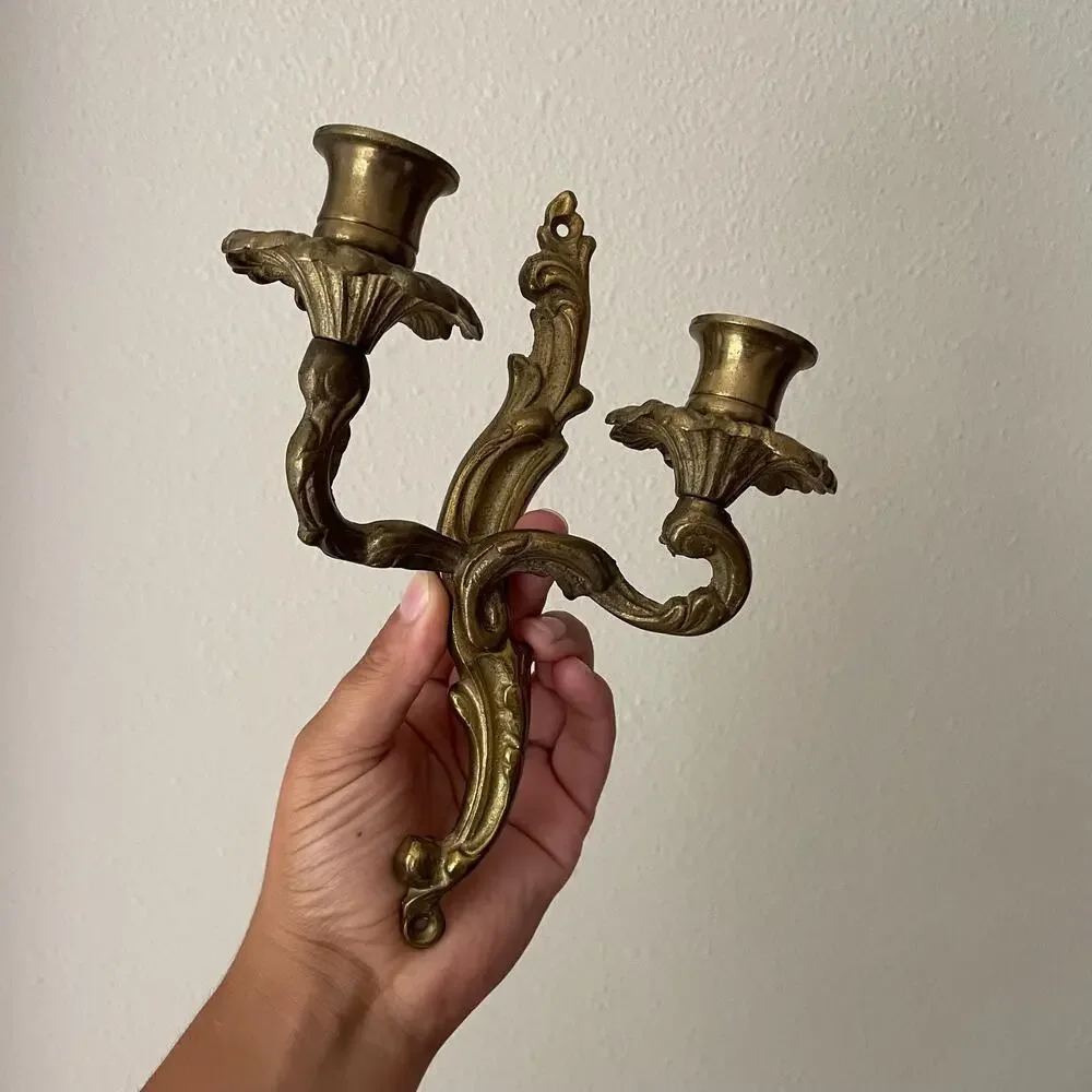 Vintage Ornate Cast Brass Double Arm Wall Candle Sconce Rococo Baroque Style